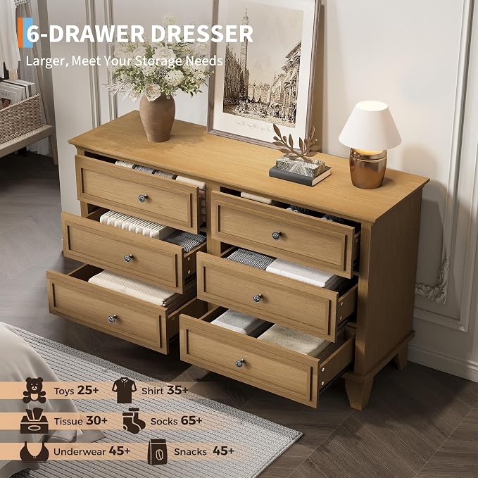 GAOMON Dresser for Bedroom, 6 Drawer Wide Dresser Storage Organizer, Modern Wooden Chest of Drawers with Metal Handles for Hallway, Entryway, Home Office, Brown - Image 4
