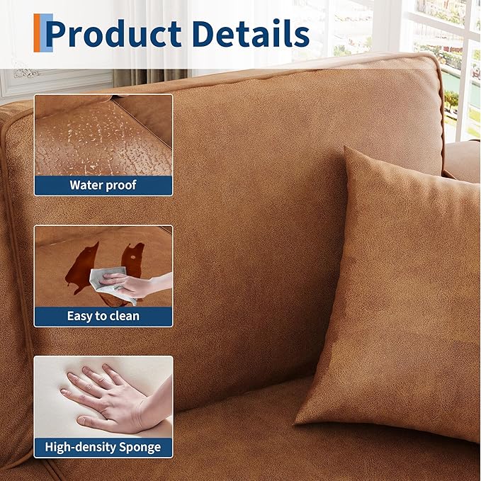 GarveeHome 3-Seater Sofa Couch with 2 Throw Pillows, 85 Inches Faux Leather Couch with Wide Armrests, Deep Seats, Wood Legs, Back Cushion, Sturdy Support Feet, Couches for Living Room, Office, Brown