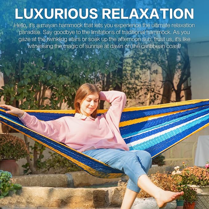 PNAEUT Handwoven Mayan Hammock, Thick Soft Rope Double Hammock for Outdoor Outside & Indoor, 600 lbs Capacity Heavy-Duty, Includes Tree Straps, Carabiners & Carrying Bag (Caribbean Sea, X-Large) - Image 2