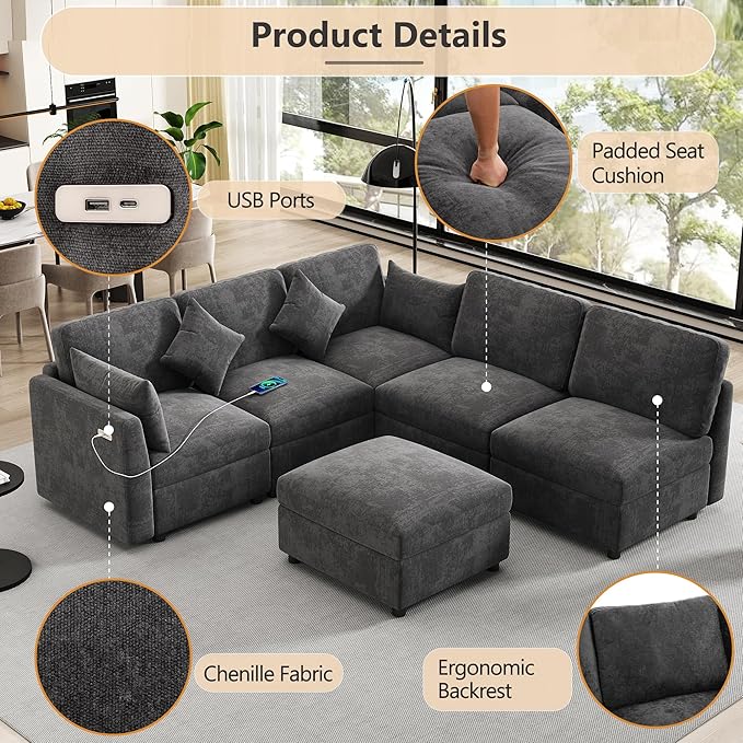 6 Seater Reversible Modular Sectional Sofa Convertible Sleeper Couch Bed , Free Combination Chenille Upholstered Corner Sofa&Couches with USB Ports and Detachable Cushions for Living Room Furniture