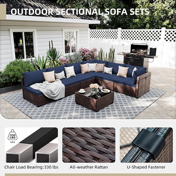 UPHA 7 Pieces Patio Furniture Sets, Wicker Outdoor Sectional Sofa Couch with Coffee Table, Patio Conversation Set for Deck Backyard Garden, Brown Rattan, Navy Blue Cushion
