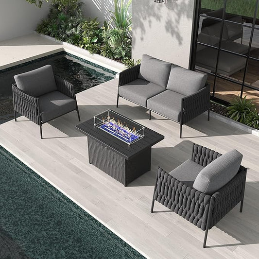 LayinSun 4 Piece Outdoor Furniture Set with Fire Pit Table, Modern Rope Woven Patio Conversation Sofa Set with Olefin Braid and Deep Seating