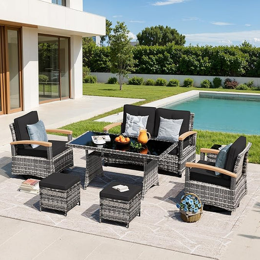 MEISSALIVVE 7 Pieces Patio Furniture Sets, PE Wicker Outdoor Conversation Sets with 2 Wood Armrests Swivel Rocker Chairs, 2 Ottomans, 2-seat Sofa and Dining Table (Black)
