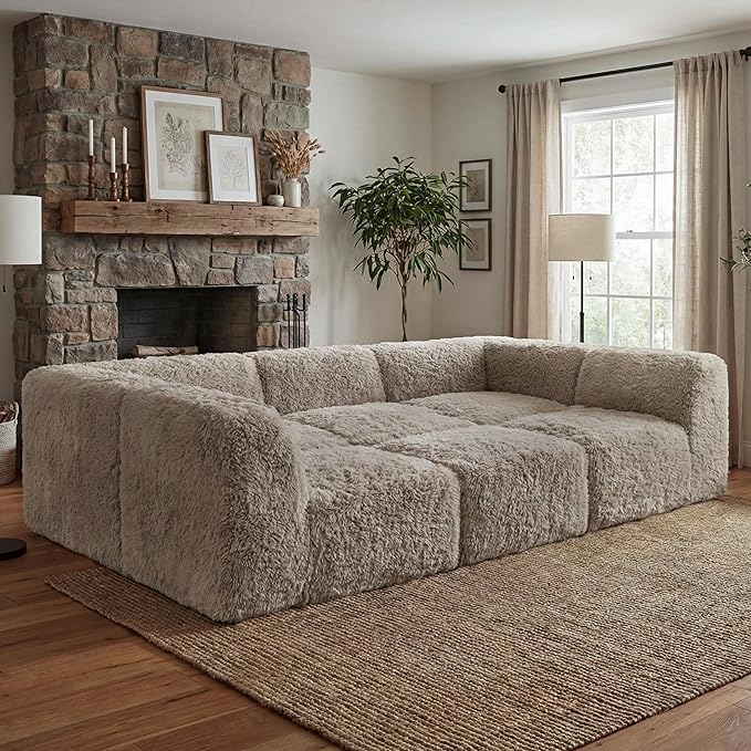 Furniture of America Havyn Modern Faux Fur 6-Seater Modular Foam Sofa Bed with Ottoman, Compressed Couch in a Box, No Assembly Required, for Living Room and Office, Taupe