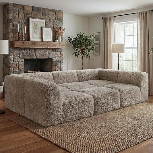 Furniture of America Havyn Modern Faux Fur 6-Seater Modular Foam Sofa Bed with Ottoman, Compressed Couch in a Box, No Assembly Required, for Living Room and Office, Taupe