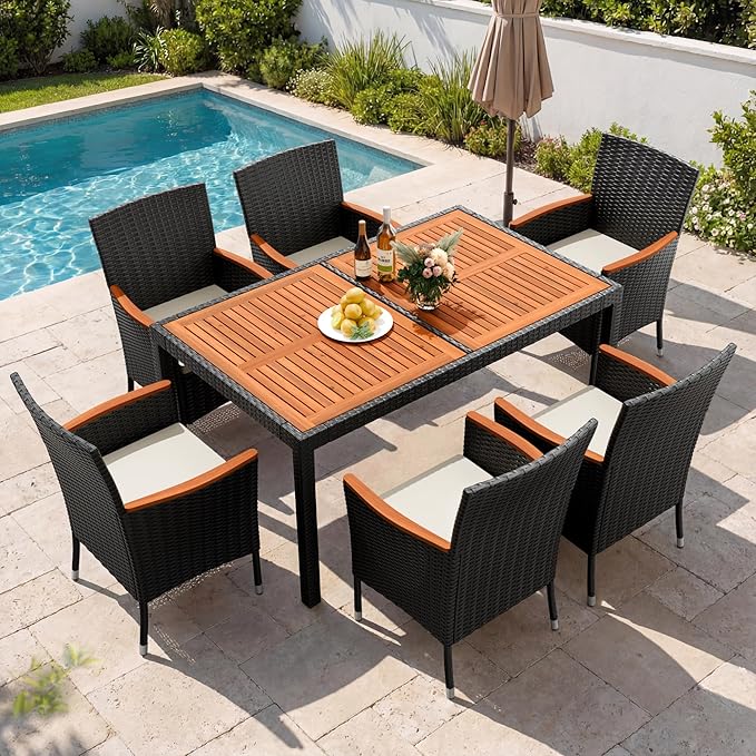 Devoko Dining 7 PCS Furniture, Patio Conversation Set with Acacia Wood Table Top, Outdoor, Beige Cushion and Black Rattan by DEVOKO