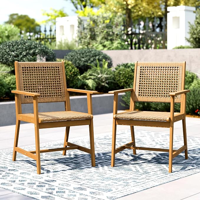 PHI VILLA Outdoor Acacia Wood Chairs Set of 2, Patio Dining Armchairs with Wicker Back & Seat, Farmhouse Style Teak Seating Furniture for Deck Yard Balcony Garden - Bright Brown by PHIVILLA