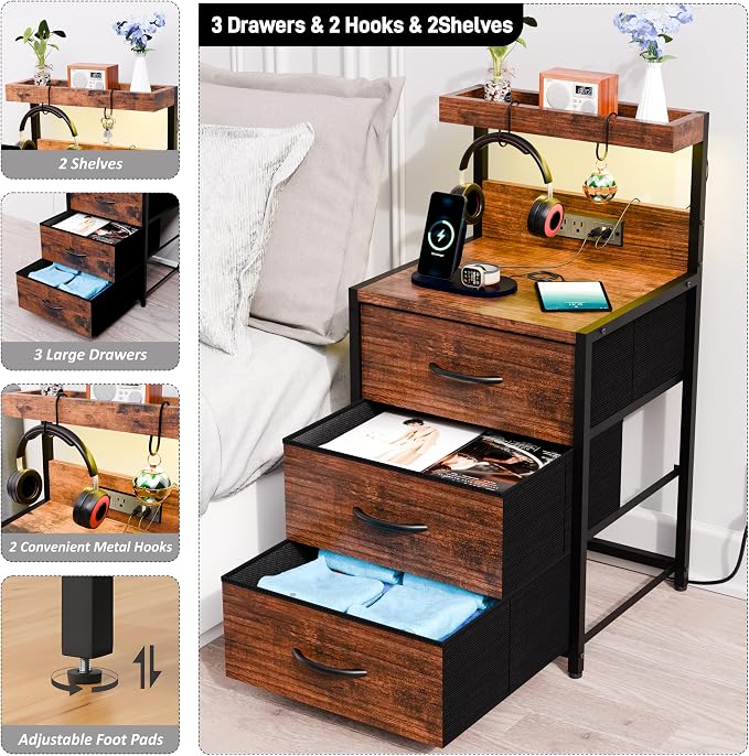 SZLHANJZ Nightstands Set of 2, End Table with LED Light and Charging Station Type C, 3 Drawers Storage Night Stand with Hooks, Tall Bed Side Table for Bedroom Dorm, Rustic Brown - Image 5
