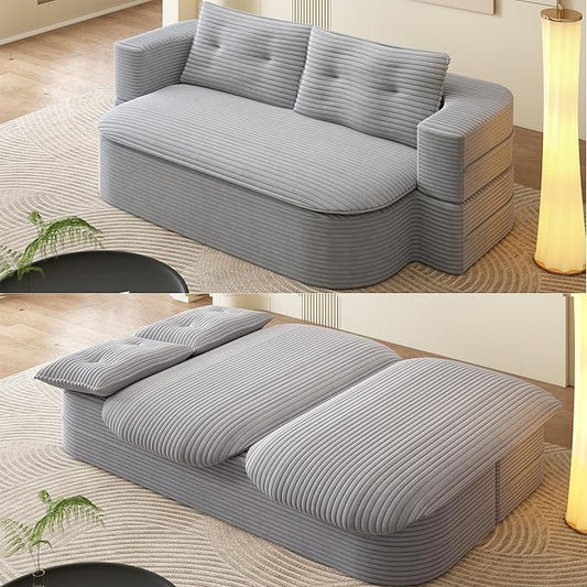 78.7" Convertible Sofa Bed, 2-in-1 Folding Floor Couch with 2 Pillows and Blanket, Plush Corduroy Fabric Sleeper Sofa for Living Room and Bedroom, No Assembly Required (Light Grey)