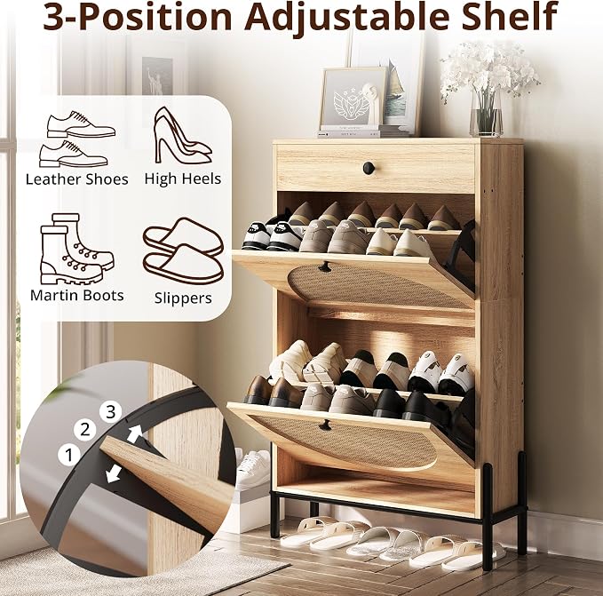 IRONCK Shoe Cabinet with 2 Flip Drawers, Shoe Storage Cabinet for Entryway, Free Standing Shoe Storage Organizer with Rattan Doors Slim Narrow Shoe Rack Cabinet, Oak - Image 4