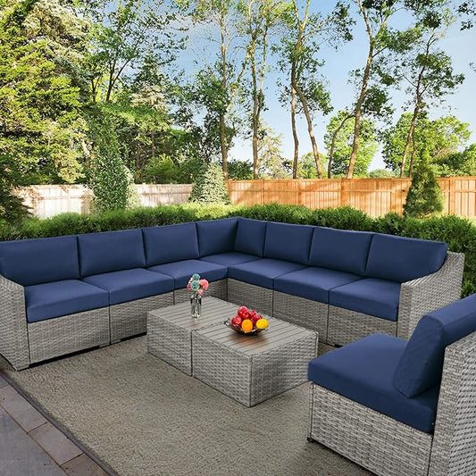 HAPPATIO 10 Piece Patio Conversation Set,Patio Furniture Set with Multiple Configuration Options,Rattan Wicker Outdoor Sectional Sofa with Thick Cushions. Easy Setup. (Gray/Blue)