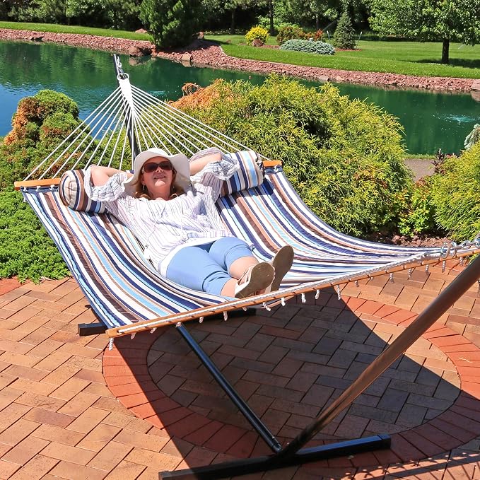 Sunnydaze Quilted Double Hammock for Outside with Spreader Bars and Pillow - 450 lb Capacity, 74x55 Inch Bed, UV Resistant, Quick Dry - Chains Included, Stand Sold Separately - Ocean Isle - Image 9