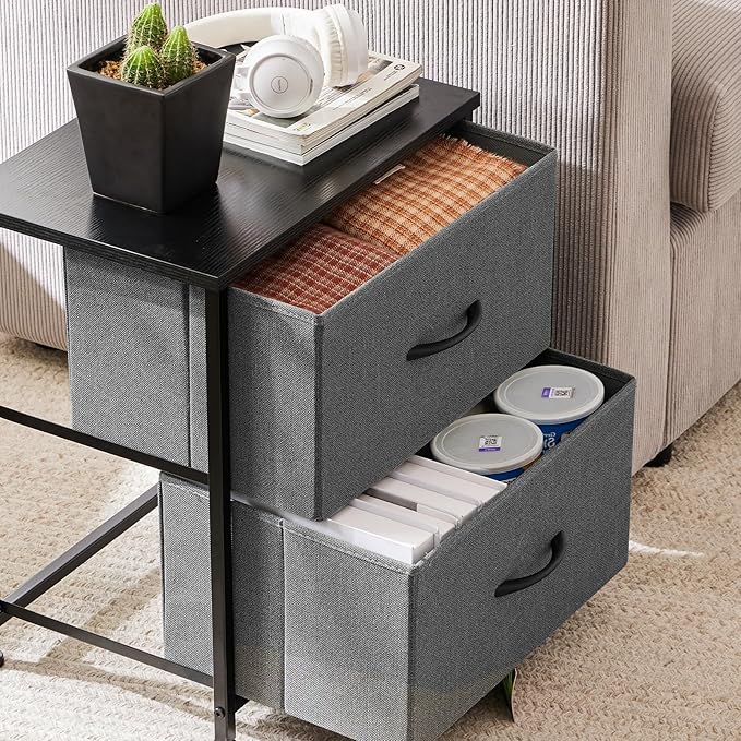 Simple Deluxe Nightstand 2 Drawers Dresser for Bedroom, 3-Tier Bedside Table with Fabric Bins, End Table for Living Room, Wood top Load-Bearing up to 44 lb, Grey
