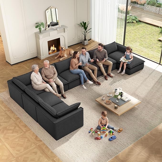 Vesgantti 141.7" Oversized Sectional Boneless Couch, 7 Seater Modular Sofa with Chaise & Ottoman & Armrest, Deep Seat Plush Corduroy Cloud Couch for Living Room, No Assembly Required, Dark Gray