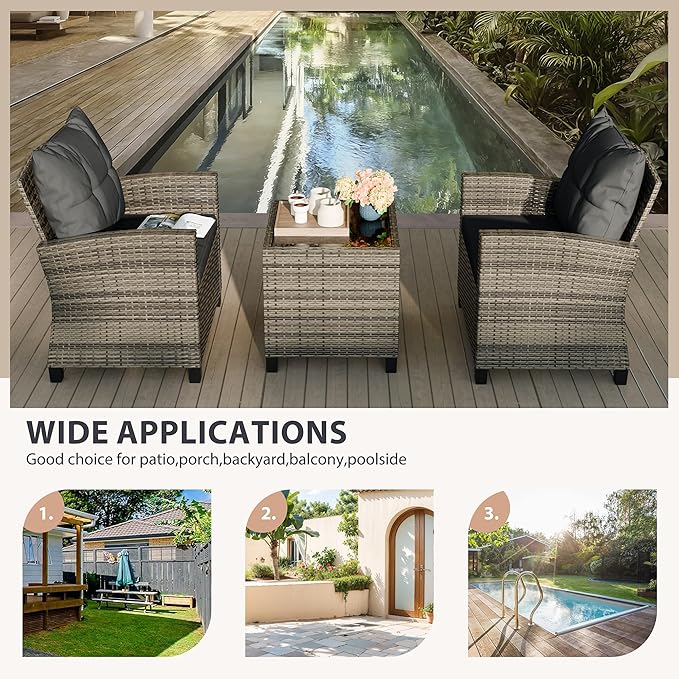 Vongrasig 3 Pieces Patio Furniture Set Small Outdoor Wicker Rattan Front Porch Bistro Set Cushioned Patio Chairs Conversation Set with Glass Table for Lawn, Garden, Backyard, Balcony, Gray