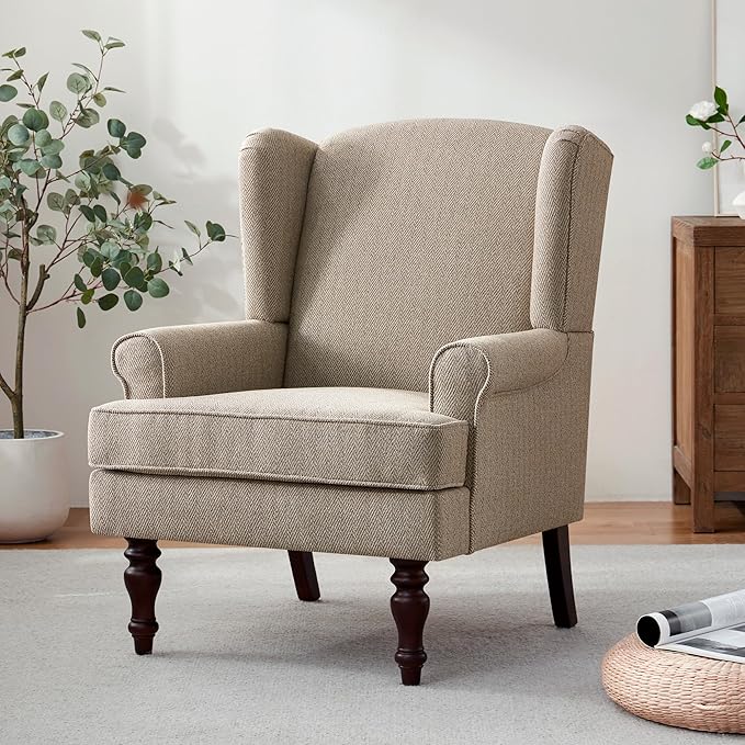 HUIMO Printed Wingback Accent Chair, Linen Upholstered High Back Armchair, Comfy Reading Chair for Living Room Bedroom Study, 300lbs Weight Capacity (1, Brown with Lines)