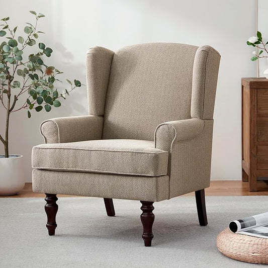 HUIMO Printed Wingback Accent Chair, Linen Upholstered High Back Armchair, Comfy Reading Chair for Living Room Bedroom Study, 300lbs Weight Capacity (1, Brown with Lines)