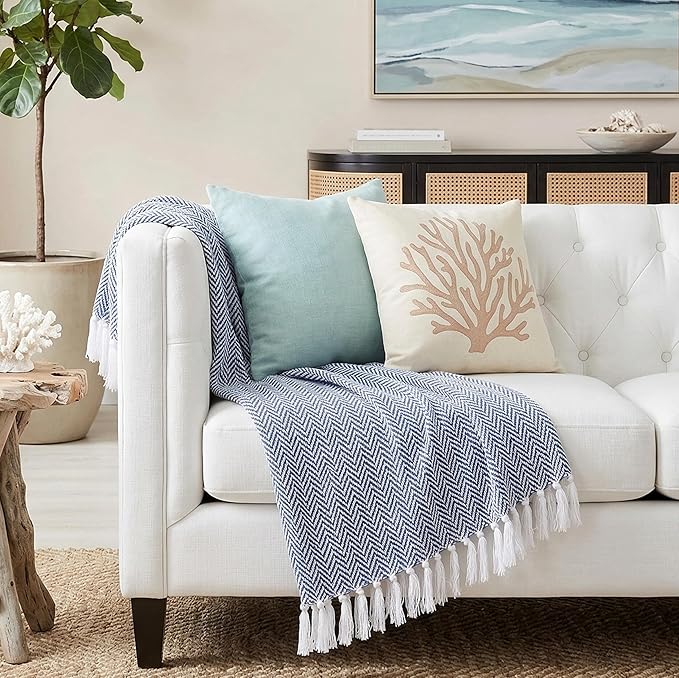 Americanflat 50x60 Throw Blanket - Soft and Breathable Cotton Throw Blanket for Couch, Bed, Chair - Decorative Blankets Perfect for Home, Office, or Outdoor Use - Blue and White Herringbone Design