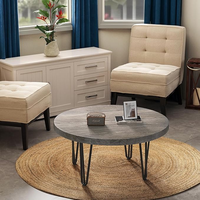 Rustic Wood Round Coffee Table with Metal Legs, Solid Elm Wood Top and Non-Slip Feet Pads - Farmhouse Style for Living Room, Grey