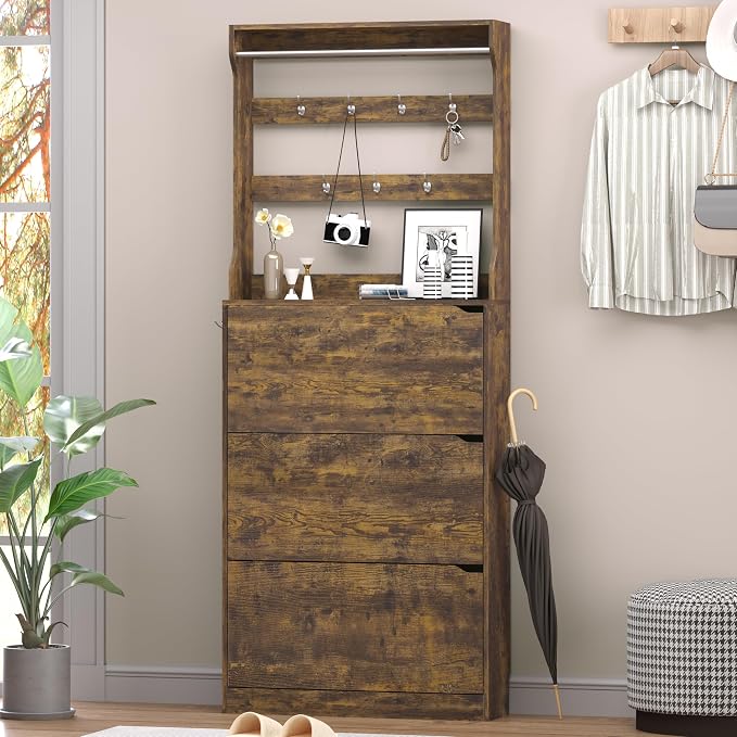 BORNOON Shoe Cabinet with 3 Flip Drawers & Coat Rack, Narrow Hidden Shoe Storage Cabinet, 2-in-1 Hall Tree Slim Freestanding Shoe Rack Organizer for Entryway, Hallway, and Living Room - Image 3