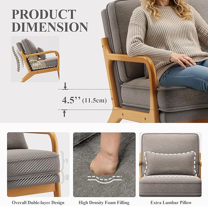 MALOL Accent Chair Set of 2 with Solid Wood Frame, Mid-Century Relaxing Armchair Lumbar Pillow& Soft Cushion, Reading Leisure Chair for Living Room, Bedroom, Waiting Room-Grey