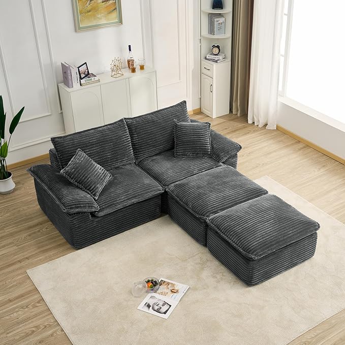 Comfy Boneless Cloud Sofa Chaise Oversized Fluffy Corduroy Upholstered Chaise Lounge for Living Room Bedroom, Modular Compressed Foam Cloud Daybed, Single Seat Sofa
