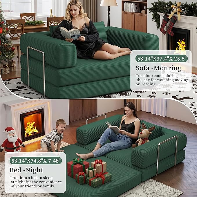 Folding Sofa Bed Convertible Corduroy Couch Queen Size Floor Sleeper 4-in-1 DIY Combination Modular Lazy Sofas Fold Futon Lounge for Living Room (Green, 53.15" Double Sofa)