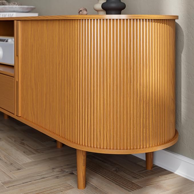 DHH 71" Fluted TV Stand with Power Outlet for TVs up to 80",TV Console with Adjustable Shelves and Sliding Door,Mid Century Modern Entertainment Center for Living Room,Bedroom (Yellow Walnut, 71Inch) - Image 6