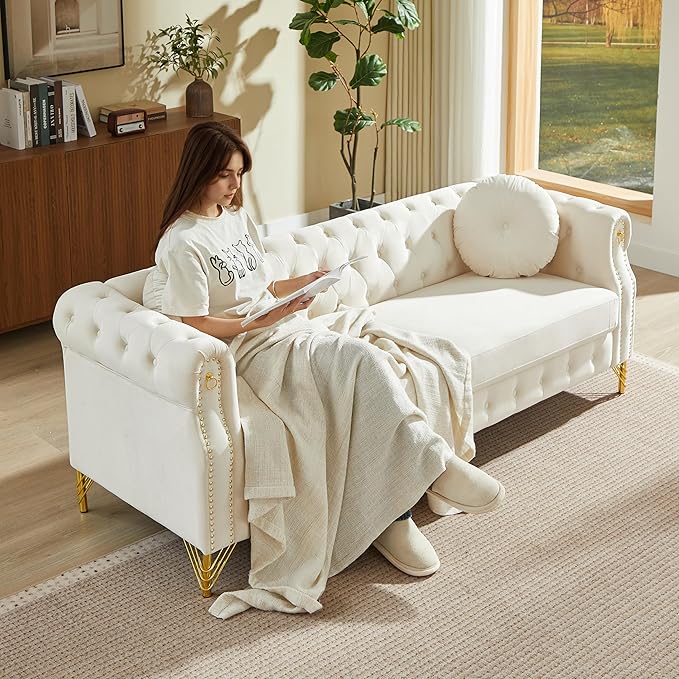 ERYE 82-Inch Button Tufted Sofa Couch with 2 Round Pillows, 3 Seat Velvet Tufted Sofa Spacious Chesterfield Loveseat Couches W/Nailhead Decor,Ring Accent & Golden Legs