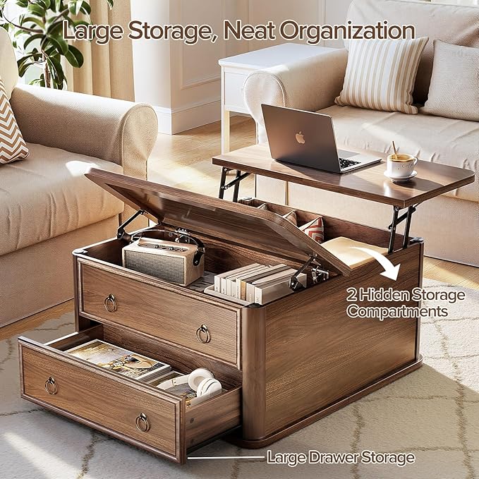 31.5" Lift Top Coffee Table with Storage,Square Coffee Tables with Lifting top for Living Room,Farmhouse Coffee Table with Large Drawers and 2 Hidden Compartment,Walnut