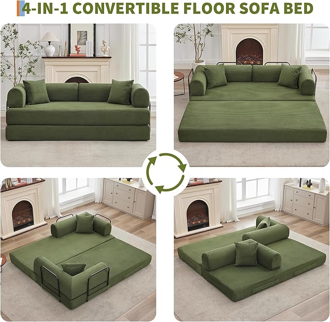 IDEALHOUSE 4 in 1 Convertible Sleeper Sofa Bed Couch, 79 Inch Boneless Corduroy Floor Couch with Pillows, No Assembly, Modern Deep Seat Sofa Futon Mattress for Living Room,Apartment,Green