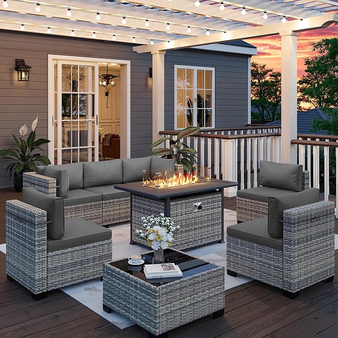 8-Piece Outdoor Patio Furniture Set with 55,000 BTU Fire Pit Table, PE Wicker Rattan Sectional Sofa Conversation Set - All-Weather Garden, Backyard Furniture, Grey
