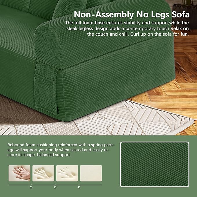 83" Modern Sofa in a Box, No Assembly Oversized 3 Seater 28" Deep Seat Cloud Sofa Bed Couch with 4 Furry Pillows & Corduroy Fabric, Boneless Couch with Side Storage Pockets for Living Room, Green