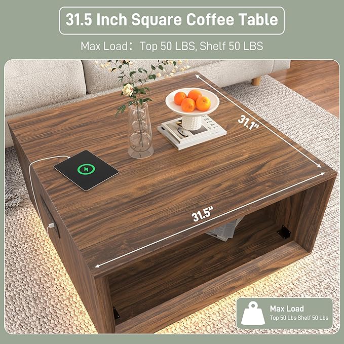 32" Mid Century Modern Coffee Table for Living Room, Square Center Table with LED Light & Power Outlet, Cocktail Table with Storage, 2-Tier Minimalist, Deep Beveled Edge, Wood Thick Design, Walnut