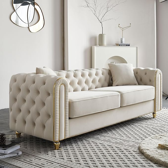 KEIKI 86" Chesterfield Velvet Button Tufted Sofa with High Density Foam Cushions and 2 Toss Pillows, Modern Style 3-Seater Couch with Gold Strip Trim Decoration, Easy Assembly, for Living Room, Beige