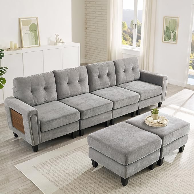 ERYE 115-Inch U-Shaped Modular Sectional Sofa Include 2 Ottomans and 4 Seat, Comfy Chenille Upholstered Tufted U Shaped Sectional Couch W/Coffee Table and USB-C Ports