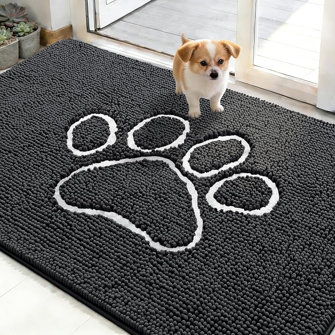OLANLY Dog Door Mat for Muddy Paws 48x30, Paw Print Design, Absorbs Moisture and Dirt, Absorbent Non-Slip Washable Doormat, Quick Dry Chenille Mud Mat for Dogs, Entry Indoor Entryway Carpet, Dark Grey by OLANLY