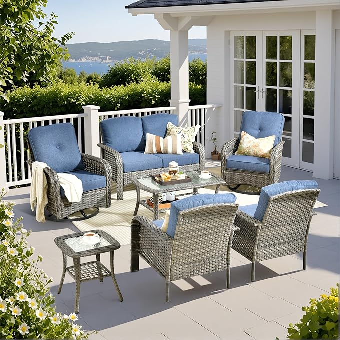 Weaxty 7 Pieces Patio Furniture Set,Wicker Outdoor Swivel Rocking Chairs,Rattan Loveseat Couch,Coffee Table,Patio Sofa Conversation Sets for Deck Backyard Porch Poolside, Denim Blue