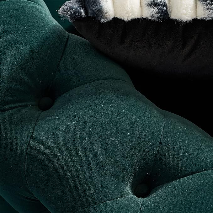 KEIKI 84" Chesterfield Velvet Tufted Button Sofa with Removable Cushions and 2 Toss Pillows, Modern 3-Seater Couch with 4 Gold Metal Legs, Easy Assembly, for Living Room, Bedroom, Apartment, Green