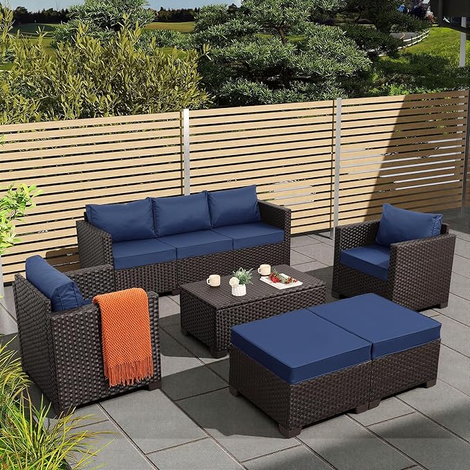 6 Pieces Patio Outdoor Furniture Conversation Sets Patio Wicker Sofa Set with Outdoor Couch Patio Chairs and Storage Table Non-Slip Cushions Waterproof Covers, Navy Blue