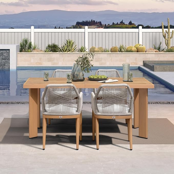 PURPLE LEAF 5 Pieces Patio Dining Set Aluminum Modern Rectangular Table and Rattan Arm Chairs with Cushions for Kitchen Porch Garden Outdoor Furniture Sets, Teak by PURPLELEAF