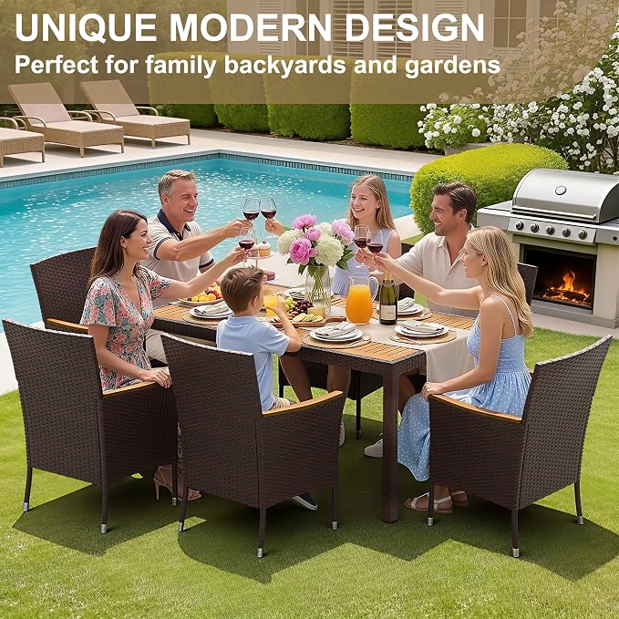 Devoko Dining 7 PCS Furniture, Patio Conversation Set with Acacia Wood Table Top, Outdoor, Beige Cushion and Brown Rattan - Image 5