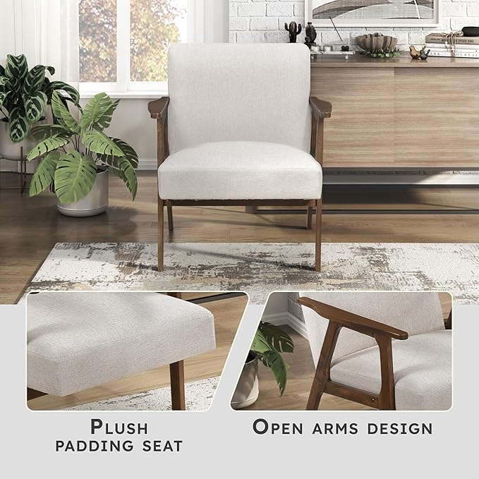 Lexicon Mid Century Modern Accent Chair, Upholstered Lounge Armchair, Single Sofa Seat, Brown Finish Solid Wood Framed Comfy Side Chairs for Living Room/Bedroom/Office/Waiting Area, Beige
