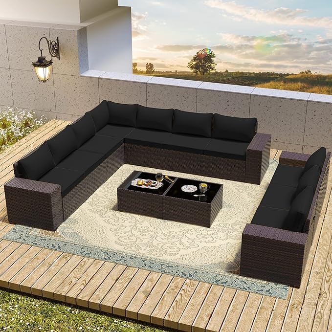 12 PCS Outdoor Patio Furniture Set,Outdoor Sectional Furniture All Weather PE Rattan Wicker Patio Conversation Set with 2 Coffee Tables and 10 Thickened Cushions,Black