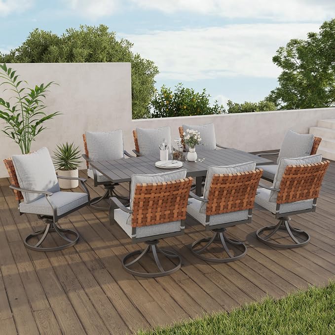 Grand patio 9-Piece Outdoor Dining Set, 8 Leather-Look Wicker Swivel Patio Chairs & 1 Extendable Rectangular Dining Table, Black - Image 2