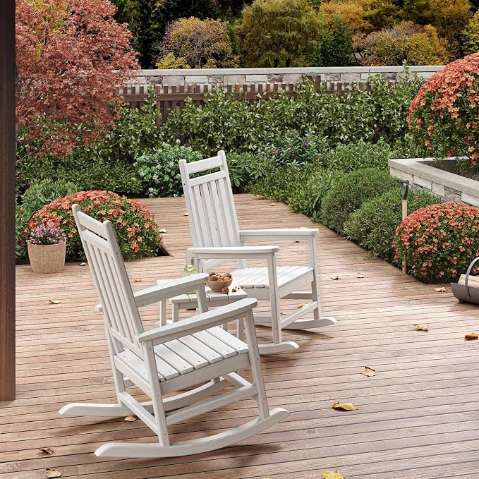 Garvee HDPE Rocking Chair Outdoor Set of 4 with 2 Side Table - Poly High Back Porch Rocker Chairs for Adults - All Weather Resistant Furniture for Patio Front Porch - White - Image 8