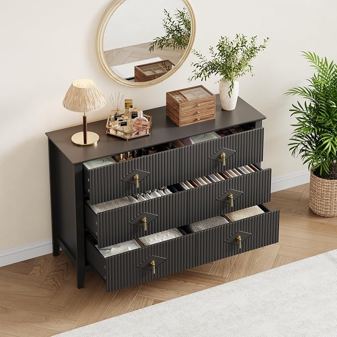GarveeHome Fluted Dresser for Bedroom, 47.2 Inch Wide 6-Drawer Wood Dresser, Modern Chest of Drawers, Storage Organizer Cabinet for Living Room, Hallway, Entryway, Black - Image 6