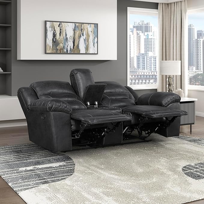 Lexicon Double Recliner Loveseat with Center Console, Wall Hugger Manual Reclining Couch, Textured Microfiber Upholstered Dual Reclining Love Seat, Home Theater Seating, Required Assembly, Black