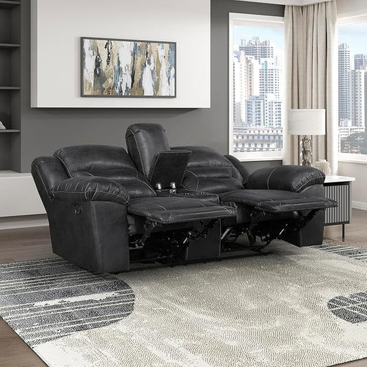 Lexicon Double Recliner Loveseat with Center Console, Wall Hugger Manual Reclining Couch, Textured Microfiber Upholstered Dual Reclining Love Seat, Home Theater Seating, Required Assembly, Black