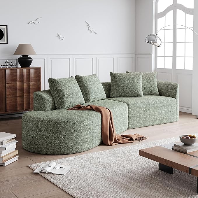 112" Modern Cloud Sectional Sofa, Chenille 4-Seater Curved Couch with 4 Pillows, Extra Deep & Wide Seat, No-Assembly Compressed Upholstered Living Room Sofa for Bedroom,Apartment,Green Right